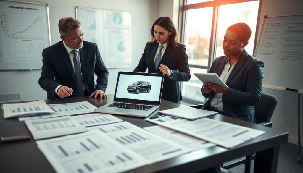 A professional scene depicting a mock insurance assessment meeting, showcasing three business professionals in formal attire, engaged in a serious discussion over vehicle damage estimates. In the foreground, a table covered with detailed reports, diagrams, and a laptop displaying graphs. The middle ground features the professionals, one person gesturing towards a vehicle image on the laptop while another takes notes. Soft, diffused lighting illuminates the room, creating a focused atmosphere. The background includes a whiteboard with charts and bullet points, and a large window showing a bright, sunny day outside. The overall mood is analytical and focused, conveying the importance of independent damage assessments in the automotive insurance industry.