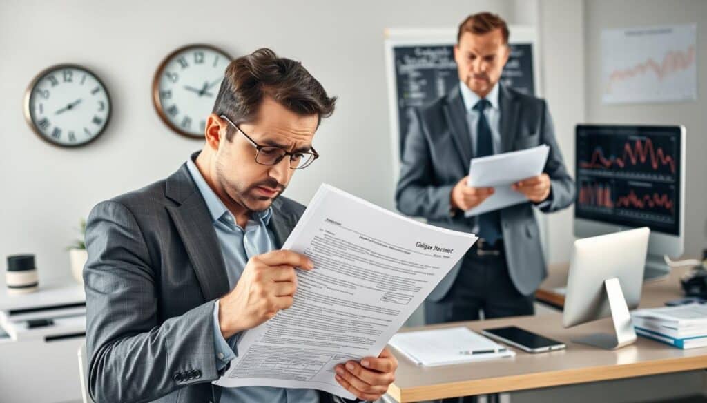 A professional setting depicting a frustrated insurance policyholder in a sleek office environment, clearly showcasing common mistakes in communication with an insurance agent. In the foreground, the policyholder, dressed in business attire, appears overwhelmed while holding a stack of paperwork, looking puzzled. The middle ground features a confident insurance agent, dressed formally, trying to explain the situation but seeming slightly exasperated. In the background, there are subtle visual cues like a wall clock showing time ticking away, a cluttered desk with documents, and a computer displaying complex graphs related to insurance claims. Utilize soft, natural lighting to create a tense yet professional mood, focusing on expressions of confusion and frustration, all framed from a slightly elevated angle to emphasize the interaction's importance.