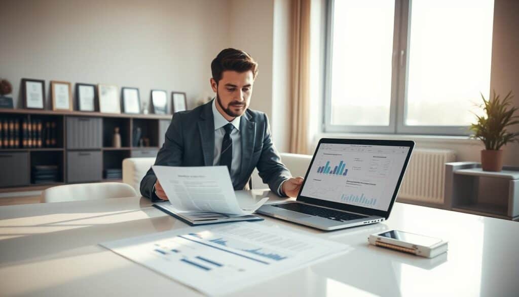 A professional setting depicting a meticulous assessment of a damage claim. In the foreground, a focused evaluator in business attire is analyzing documents on a clean, modern desk, with a laptop displaying graphs and charts related to damage evaluation. In the middle ground, a large window allows soft, natural light to pour in, illuminating a room with neutral-toned walls and sleek furniture. The background features an array of awards on a shelf, highlighting expertise and trustworthiness. The atmosphere conveys diligence and professionalism, with a slight warmth from the sunlight. The image should be uncluttered, portraying a serene yet industrious environment, emphasizing the importance of precise damage evaluations.