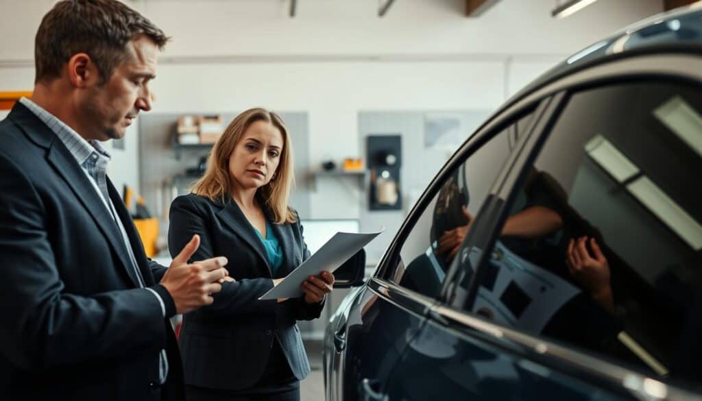 A professional setting depicting a vehicle inspection scene for a second opinion on damage assessment. In the foreground, a serious-looking male and female automotive appraiser, wearing business attire, are engaged in discussion while examining a car's exterior; they should appear focused and attentive. The middle ground features the damaged vehicle, showing visible scratches and dents under bright, natural lighting. In the background, an office or garage space is subtly indicated, with tools and papers organized neatly, suggesting a professional environment. The overall mood is one of diligence and expertise, emphasizing the importance of a thorough evaluation in determining the full extent of vehicle damage. The image is well-composed with a slight angle to create depth and engagement.
