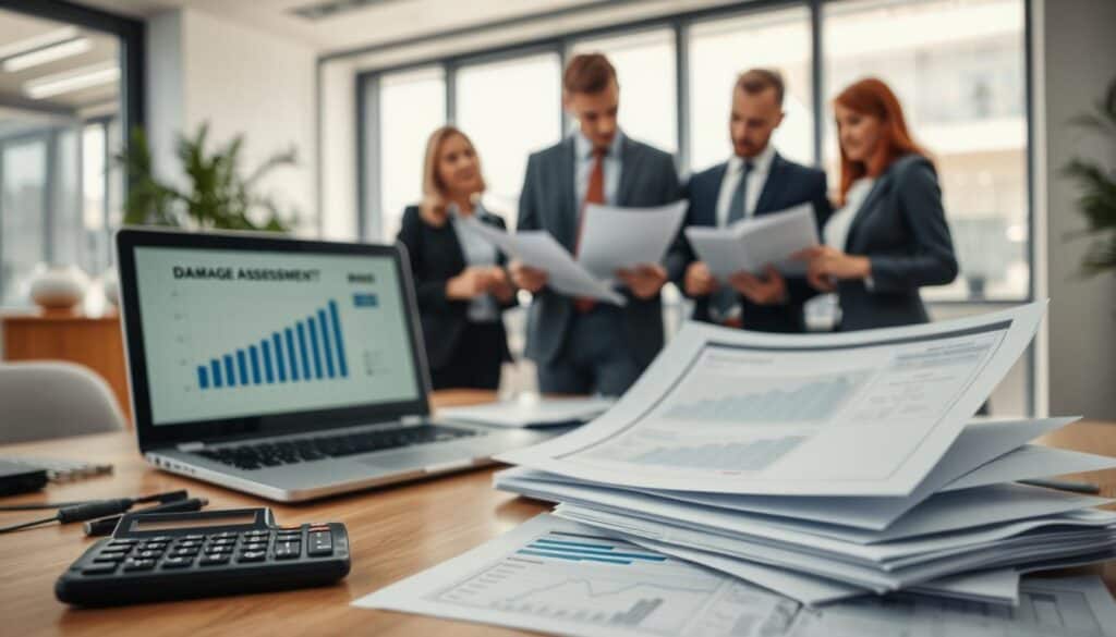 A professional setting depicting the key factors influencing damage valuation. In the foreground, an organized desk with a calculator, a laptop displaying charts, and files related to insurance claims. The middle section shows a group of three business professionals in formal attire, engaged in a discussion, analyzing documents about damage assessment. The background features a bright office space with large windows letting in natural light, creating a warm and inviting atmosphere. The lighting is soft but clear, highlighting the focus on the teamwork and technical documentation. The overall mood is focused and diligent, emphasizing the importance of accurate damage estimation in insurance contexts.
