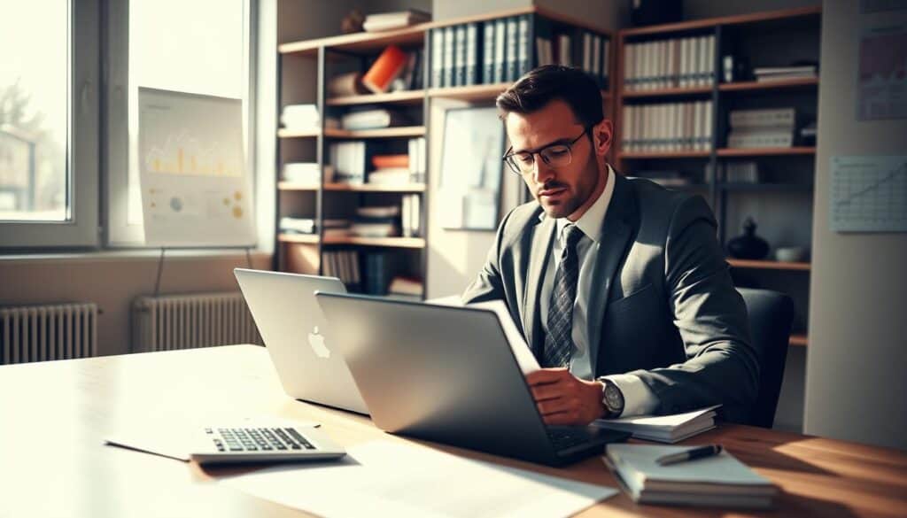 A professional setting focused on the preparation for an independent expert valuation. In the foreground, a neatly organized workspace featuring a laptop, paperwork, and a calculator. A business professional, dressed in formal attire, is sitting at the desk, reviewing documents with a focused expression, illuminated by soft, natural light from a nearby window. In the middle ground, shelves lined with reference books and files create an atmosphere of thoroughness and expertise. The background showcases a bright, airy office with charts and graphs pinned to the walls, suggesting an analytical environment. The overall mood is serious yet optimistic, hinting at the importance of a well-prepared evaluation process, with soft shadows enhancing the sense of depth and professionalism.