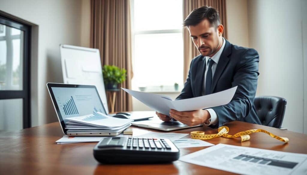 A professional, well-lit office space showcasing a detailed final valuation process for insurance claims. In the foreground, a focused insurance adjuster, dressed in formal business attire, reviews a stack of documents and a laptop displaying charts and data. The middle ground features a large wooden desk with a calculator, paperwork, and a measuring tape spread out, symbolizing the assessment of damages. In the background, a large window lets in soft, natural light, illuminating the entire scene and creating a calm, professional atmosphere. The overall mood conveys diligence and precision, emphasizing the importance of obtaining a final valuation for insurance claims.