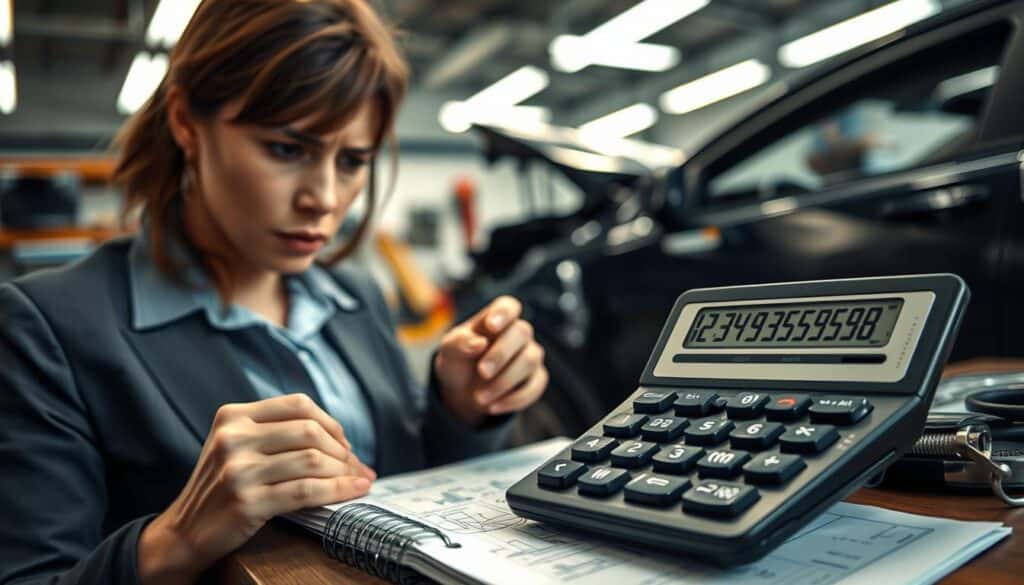 A professional workspace focused on a damaged car, with a detailed close-up of a calculator displaying an underwhelming financial estimate. In the foreground, a concerned professional in business attire, female, studies the calculator with a furrowed brow, highlighting the mood of frustration. In the middle, there is a notebook filled with notes and diagrams about vehicle damage analysis beside the calculator, symbolizing thorough examination. The background features a faint outline of a workshop with tools and equipment softly lit by overhead fluorescents, enhancing the atmosphere of diligence and scrutiny. The overall lighting is bright yet slightly cool, capturing the seriousness of financial discussions. The image conveys a sense of urgency to highlight the importance of accurate calculations. A professional workspace focused on a damaged car, with a detailed close-up of a calculator displaying an underwhelming financial estimate. In the foreground, a concerned professional in business attire, female, studies the calculator with a furrowed brow, highlighting the mood of frustration. In the middle, there is a notebook filled with notes and diagrams about vehicle damage analysis beside the calculator, symbolizing thorough examination. The background features a faint outline of a workshop with tools and equipment softly lit by overhead fluorescents, enhancing the atmosphere of diligence and scrutiny. The overall lighting is bright yet slightly cool, capturing the seriousness of financial discussions. The image conveys a sense of urgency to highlight the importance of accurate calculations.