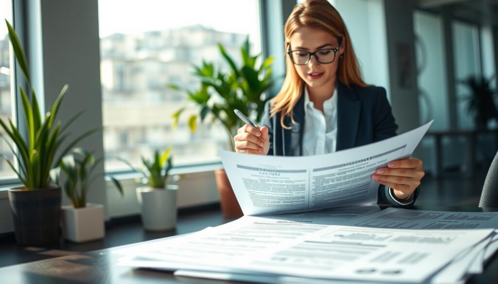 A serene office environment showcasing a professional atmosphere for understanding insurance conditions. In the foreground, a confident businesswoman in professional attire is examining detailed insurance documents, highlighting key terms with a pen. The middle ground features an array of neatly organized documents, including a visible insurance policy with graphs and terms, reflecting clarity and thoroughness. The background has a modern office with a large window allowing natural light to flood the space, casting soft shadows. Subtle plants in the corner add a touch of freshness, while the overall mood conveys a sense of professionalism and trustworthiness, emphasizing the importance of comprehending insurance conditions. The image should be captured with a soft focus, creating a warm, inviting atmosphere.