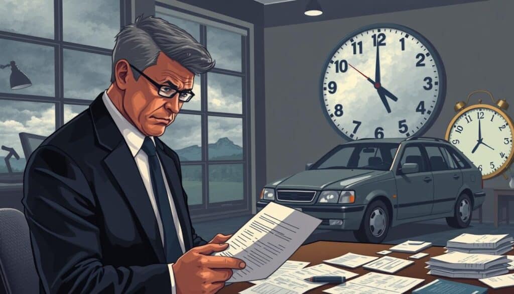 A somber yet thought-provoking illustration depicting the consequences of undervalued insurance assessments. In the foreground, focus on a concerned insurance professional in a sharp business suit, examining a calculated report with a furrowed brow. In the middle ground, a vehicle, slightly damaged, serves as the focal point, symbolizing a claim's undervaluation. Include cluttered paperwork and a large clock showing time passing, enhancing the sense of urgency. The background features a dimly lit office with muted colors that convey a serious atmosphere, and large windows showing approaching storm clouds outside, suggesting impending trouble. Use soft, diffused lighting to highlight the tension and realism, capturing the mood of uncertainty and seriousness around the issue. A somber yet thought-provoking illustration depicting the consequences of undervalued insurance assessments. In the foreground, focus on a concerned insurance professional in a sharp business suit, examining a calculated report with a furrowed brow. In the middle ground, a vehicle, slightly damaged, serves as the focal point, symbolizing a claim's undervaluation. Include cluttered paperwork and a large clock showing time passing, enhancing the sense of urgency. The background features a dimly lit office with muted colors that convey a serious atmosphere, and large windows showing approaching storm clouds outside, suggesting impending trouble. Use soft, diffused lighting to highlight the tension and realism, capturing the mood of uncertainty and seriousness around the issue.