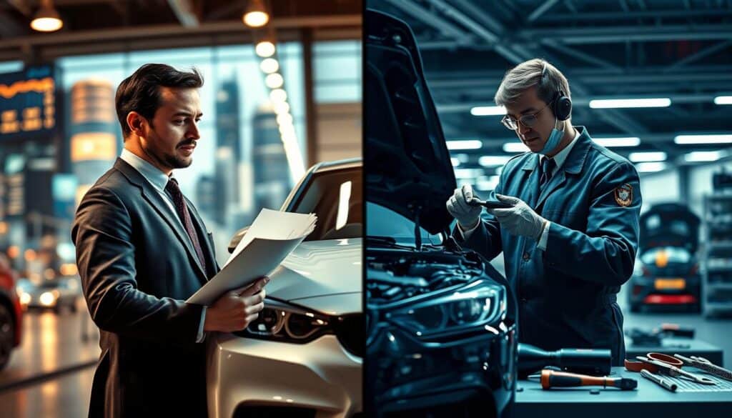 A split-screen image illustrating the differences between market valuation and technical valuation in the context of automotive expertise. On the left side, show a professional analyst wearing business attire examining a car's market value, surrounded by market data charts and financial graphs. The lighting is warm and focused, with a soft focus background showcasing a bustling cityscape. On the right side, depict a technician in a smart uniform meticulously assessing the technical aspects of the same car, with tools and parts laid out around them, under bright, bright lighting that emphasizes clarity. The background features a modern workshop environment, hinting at precision and craftsmanship. The overall mood is informative and professional, with a balanced composition that highlights the contrast between market and technical evaluations.