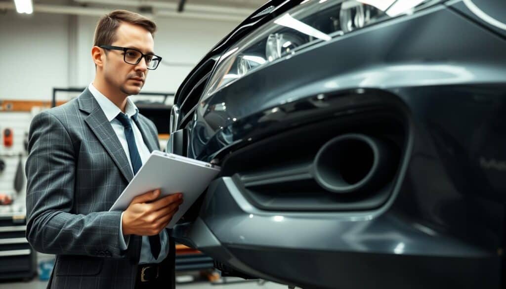 A technical assessment of vehicle damage, prominently featuring a skilled automotive expert holding a clipboard while inspecting the front of a damaged car in a garage setting. In the foreground, the expert, dressed in a smart business attire with safety glasses, is carefully examining the car's front bumper, which shows clear signs of impact and repair needs. The background showcases tools and equipment typical for an expert's workspace, with soft overhead lighting illuminating the scene, creating a professional atmosphere. The perspective is slightly angled from the side, capturing the intricate details of the car's damage, while maintaining focus on the expert's analytical expression, conveying a mood of thoroughness and expertise.
