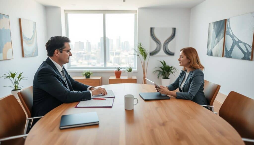 A thoughtful mediation and negotiation scene set in a modern, well-lit conference room. In the foreground, two professionals in business attire, a man and a woman, are seated at a circular wooden table, engaged in a serious discussion, with papers, laptops, and a coffee cup on the table. The middle layer features a large window providing natural light, with a view of a city skyline. The background includes abstract art on the walls and potted plants, creating a calming atmosphere. The lighting is bright yet soft, emphasizing a collaborative mood. The angle captures the dynamic between the two negotiators, conveying a sense of intent and professionalism in their interaction.