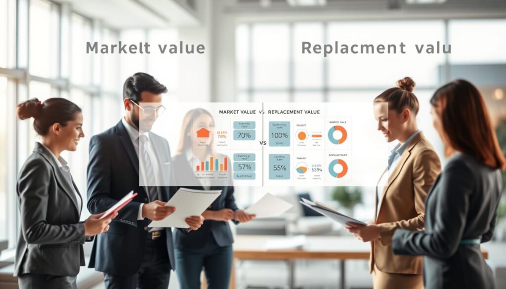 A visually striking comparison illustration depicting "market value" and "replacement value" in the context of insurance assessments. In the foreground, a professional, diverse group of businesspeople in formal attire are engaged in discussion, examining documents and charts that represent both values. In the middle ground, a detailed infographic contrasts market value with replacement value, depicting statistics and visual aids like bar graphs and pie charts. The background features a modern office setting with large windows letting in soft, natural light, creating a balanced, professional atmosphere. Use a shallow depth of field to focus on the foreground figures, enhancing the clarity of the comparison while giving a sense of depth. The mood is analytical and focused, conveying a serious tone appropriate for an insurance-related topic.