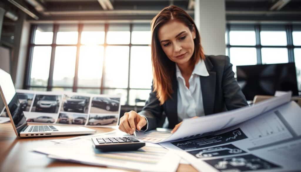 A close-up scene in a modern office, where a professional woman in a smart business attire is analyzing damage reports on her desk. The foreground shows her focused expression as she reviews detailed documentation before her, with a calculator and a laptop open beside her. In the middle ground, various images of damaged vehicles are printed out, highlighting different types of repairs needed. The background features a large window with natural light streaming in, illuminating the room and creating a bright, analytical atmosphere. The mood is serious and professional, emphasizing the importance of accurate damage assessment to avoid typical pitfalls in low valuations. The perspective is slightly angled to capture both the subject and the surrounding elements effectively.