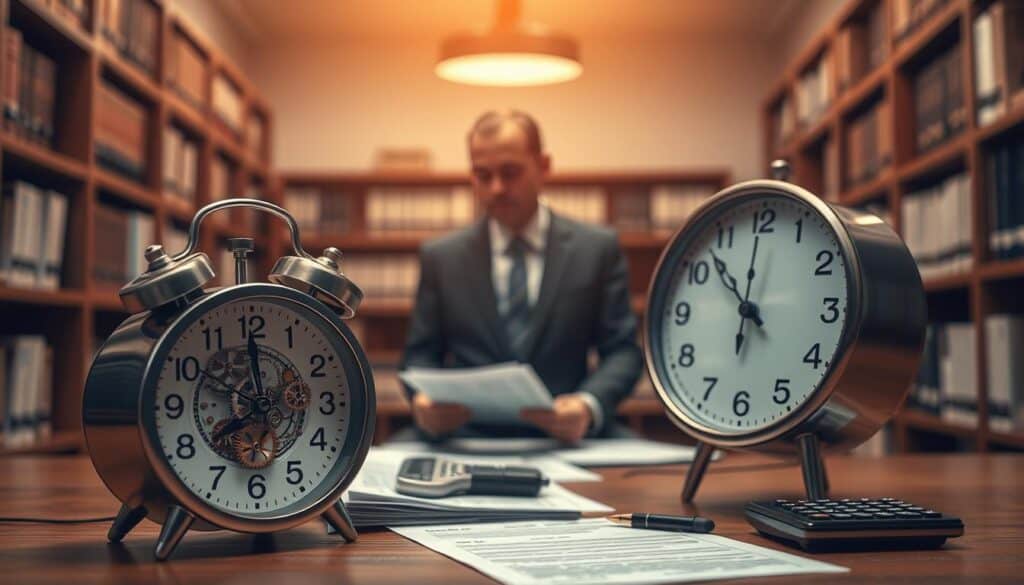 A conceptual illustration depicting the impact of time on the compensation process for insurance claims. In the foreground, a solid, modern clock with intricate gears symbolizes the passage of time, accompanied by a set of legal documents and a calculator, suggesting the claims evaluation process. The middle ground features a professional in business attire examining the documents under warm, diffuse lighting to evoke focus and expertise. The background shows a blurred office environment with bookshelves filled with legal texts and insurance guidelines, conveying a sense of authority and depth. The overall mood is serious yet optimistic, highlighting the importance of timely decisions in insurance claims. The angle of the shot is slightly above eye level, providing a broader view of the scene.
