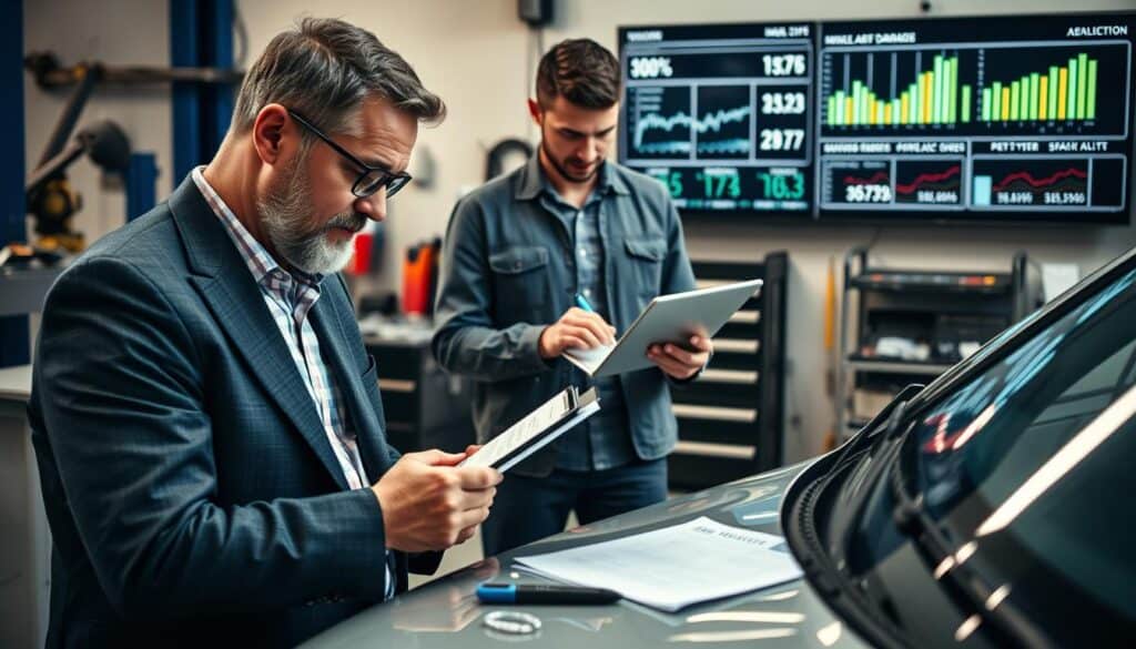 A detailed and professional scene depicting a car damage assessment process. In the foreground, a middle-aged male expert in business attire scrutinizes a damaged vehicle, holding a clipboard and pen, showcasing an expression of concentration. In the middle ground, a partially visible insurance adjuster in smart casual clothing is using a laptop to conduct calculations, surrounded by tools like measuring tape and assessment forms. The background features a well-lit garage environment with repair tools and a visible wall-mounted screen displaying numerical data and graphs related to vehicle damage assessments. Soft, natural lighting enhances the serious yet focused atmosphere, with sharp details emphasizing the contrast between the damaged car and the professionals at work.