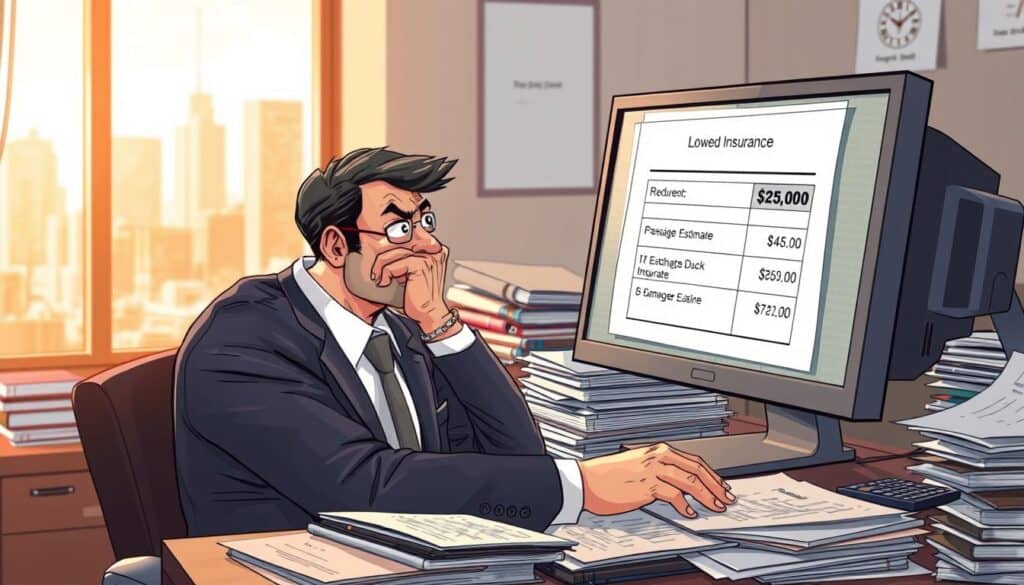 A detailed illustration of a frustrated insurance adjuster seated at a cluttered desk filled with documents and files, analyzing a reduced damage estimate on a computer monitor. In the foreground, focus on the adjuster's worried expression, wearing professional business attire. In the middle ground, a large stack of paperwork and a calculator are visible, reflecting the complexity of the case. In the background, a blurred window revealing an urban landscape outside, emphasizing a busy office atmosphere. Soft, natural lighting from the window casts a warm glow over the scene, enhancing the mood of contemplation and concern. The image should capture the essence of evaluating a lowered insurance quote with a sense of urgency and professionalism.