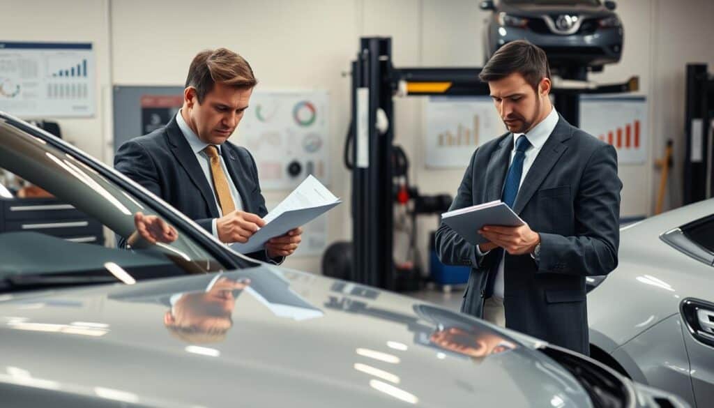 A detailed, professional setting depicting an automotive damage assessment. In the foreground, a qualified appraiser in a tailored business suit examines a damaged car, focusing on dents and scratches with a clipboard in hand. The middle ground features a mechanic's workspace, complete with tools, a lift, and diagnostic equipment, emphasizing a thorough evaluation process. In the background, an office wall displays charts and graphs related to vehicle damage analysis, illuminated by soft, diffused lighting. The atmosphere is serious yet focused, capturing the diligence required in insurance assessments. The image should have a slightly elevated angle, providing a comprehensive view of both the appraiser and the workspace, without any human distraction or irrelevant details.