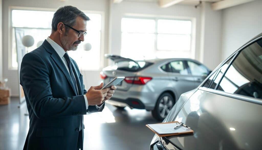 A detailed scene depicting a professional setting for insurance damage assessment. In the foreground, a meticulous insurance adjuster, dressed in smart business attire, is examining vehicle damage with a digital tablet in hand, showcasing a focused expression. In the middle ground, a damaged car sits under bright, even lighting, highlighting scrapes and dents, while a clipboard with inspection notes lies nearby. The background captures an office space with large windows allowing natural light to flood in, creating a calm yet professional atmosphere. Shadows are soft, and the overall mood is serious and analytical, emphasizing the importance of thorough documentation in damage evaluation for insurance claims.