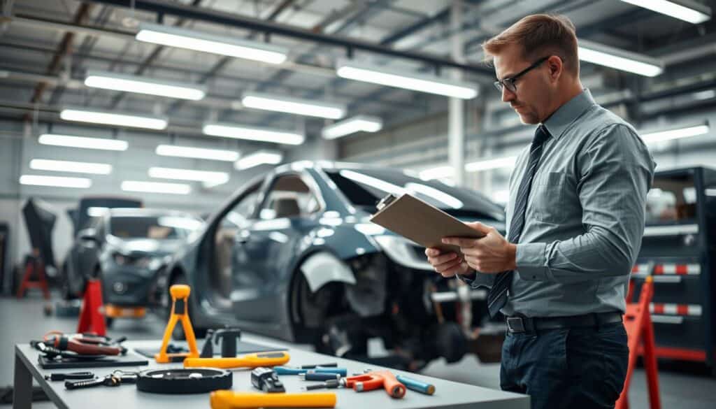 A detailed scene of a car damage assessment process, featuring a professional appraiser analyzing a damaged vehicle. In the foreground, the appraiser is dressed in business attire, examining the car's body with a clipboard, surrounded by various tools for inspection. In the middle ground, the damaged car shows visible scratches and dents, with parts of the car's exterior removed for a thorough evaluation. The background displays a modern automotive workshop, equipped with bright fluorescent lights enhancing the clarity of the scene. The atmosphere conveys a sense of professionalism and diligence, as the appraiser focuses intently on the assessment. The angle is slightly elevated, providing a comprehensive view of the scene without any text or distractions. A detailed scene of a car damage assessment process, featuring a professional appraiser analyzing a damaged vehicle. In the foreground, the appraiser is dressed in business attire, examining the car's body with a clipboard, surrounded by various tools for inspection. In the middle ground, the damaged car shows visible scratches and dents, with parts of the car's exterior removed for a thorough evaluation. The background displays a modern automotive workshop, equipped with bright fluorescent lights enhancing the clarity of the scene. The atmosphere conveys a sense of professionalism and diligence, as the appraiser focuses intently on the assessment. The angle is slightly elevated, providing a comprehensive view of the scene without any text or distractions.