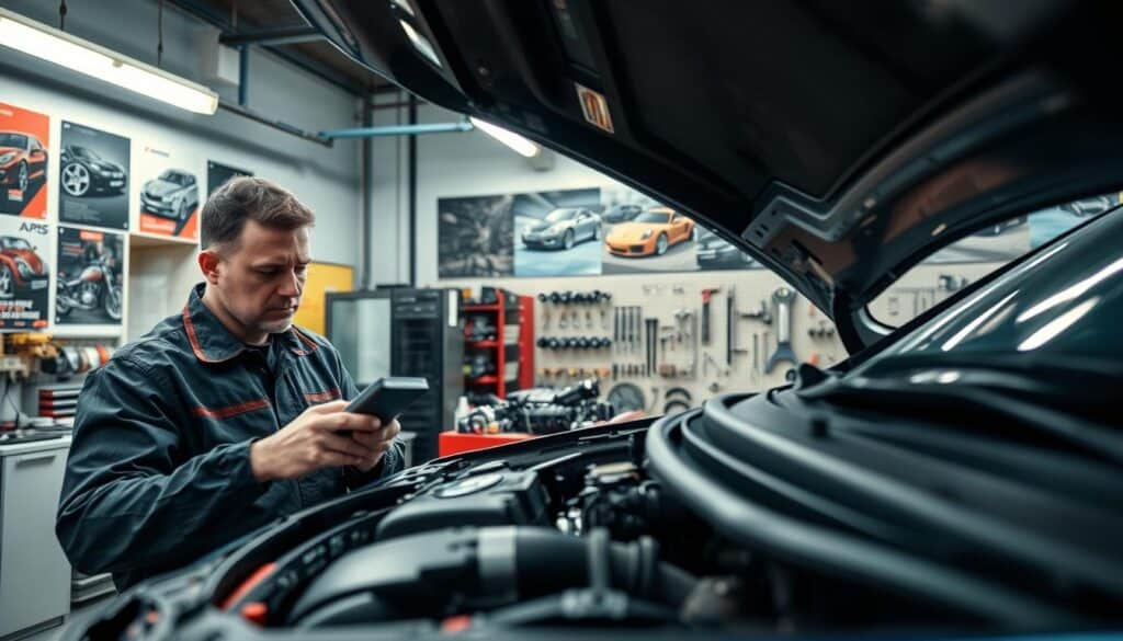 A detailed technical analysis scene of a vehicle in a well-lit automotive workshop. The foreground features a skilled technician, dressed in professional attire, closely inspecting the vehicle's engine while holding a diagnostic tool. In the middle, an array of vehicle components and parts are displayed on a nearby workbench, showcasing intricate mechanical details. The background reveals automotive posters and tools arranged neatly on a wall, enhancing the professional atmosphere. Bright fluorescent lighting illuminates the scene, creating a realistic and focused environment. The overall mood is one of precision and diligence, reflecting the importance of thorough technical analysis in vehicle valuation. The camera angle captures both the technician and the vehicle, emphasizing the complexity of the analysis being conducted.