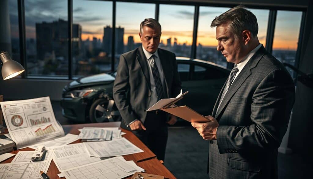 A dramatic office scene depicting a professional insurance adjuster examining a damaged vehicle, with a focus on the disparities in damage assessment. In the foreground, a middle-aged male adjuster in a tailored suit holds a clipboard, looking contemplative, as he inspects a dented car. In the middle ground, a large desk is cluttered with paperwork, featuring diagrams and calculation sheets related to vehicle damage estimates. The background shows a cityscape through a large window, with soft evening light filtering in, casting shadows across the room. The atmosphere is tense and serious, reflecting the controversy surrounding insurance evaluations. The image should convey professionalism and the intricacies of damage assessment without any text or additional elements. A dramatic office scene depicting a professional insurance adjuster examining a damaged vehicle, with a focus on the disparities in damage assessment. In the foreground, a middle-aged male adjuster in a tailored suit holds a clipboard, looking contemplative, as he inspects a dented car. In the middle ground, a large desk is cluttered with paperwork, featuring diagrams and calculation sheets related to vehicle damage estimates. The background shows a cityscape through a large window, with soft evening light filtering in, casting shadows across the room. The atmosphere is tense and serious, reflecting the controversy surrounding insurance evaluations. The image should convey professionalism and the intricacies of damage assessment without any text or additional elements.