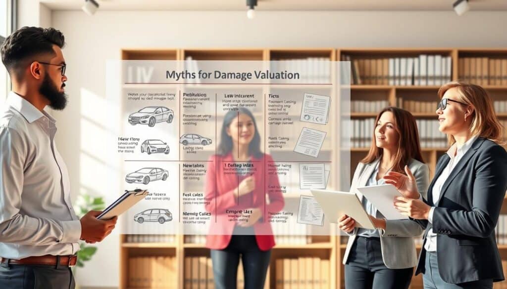 A professional and informative illustration depicting common misconceptions about damage assessment in insurance. In the foreground, a diverse group of three professionals engaged in a discussion, dressed in business attire—one holding a clipboard, another with a laptop, and the third gesturing thoughtfully. In the middle, a large, transparent infographic displaying various myths regarding damage valuation, featuring illustrations of cars and insurance paperwork. The background shows an office setting with bookshelves filled with legal texts and insurance guidelines. Soft, natural lighting illuminates the scene, creating a focused and serious atmosphere, captured from a slightly elevated angle to emphasize the interaction among the professionals.
