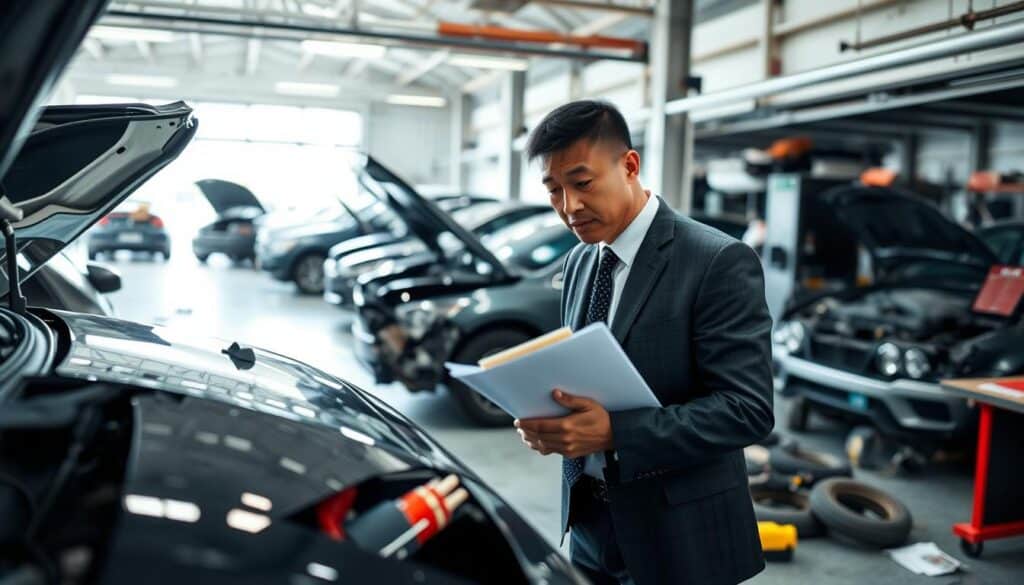 A professional appraiser in business attire closely examines a damaged vehicle in an indoor inspection area, surrounded by tools and technical equipment. The appraiser, a person of Asian descent, holds a clipboard and appears focused, highlighting their role in evaluating the extent of damage. In the background, a bright, well-lit garage with detailed views of other damaged cars, showcasing various degrees of harm. The atmosphere is serious and meticulous, conveying professionalism and expertise, with soft natural lighting illuminating the scene. The angle is slightly low, emphasizing the appraiser's concentration on the task at hand, while ensuring the viewer understands the importance of accurate assessment in motor vehicle damage evaluation.