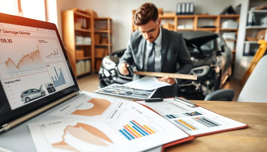 A professional assessors' workspace showcasing a detailed analysis of a vehicle damage estimate. In the foreground, an open laptop displays intricate graphs and charts related to damage assessment. A clipboard with checklists and photographs of vehicle damage lies next to it. In the middle ground, a focused professional in business attire examines a damaged car, using a measuring tool for accuracy, showing determination and diligence. The background reveals a well-lit office environment with shelves stocked with assessment tools and books. Natural light filters in through a window, casting soft shadows and creating an atmosphere of seriousness and professionalism, emphasizing the importance of thorough evaluations in automotive damage assessments.