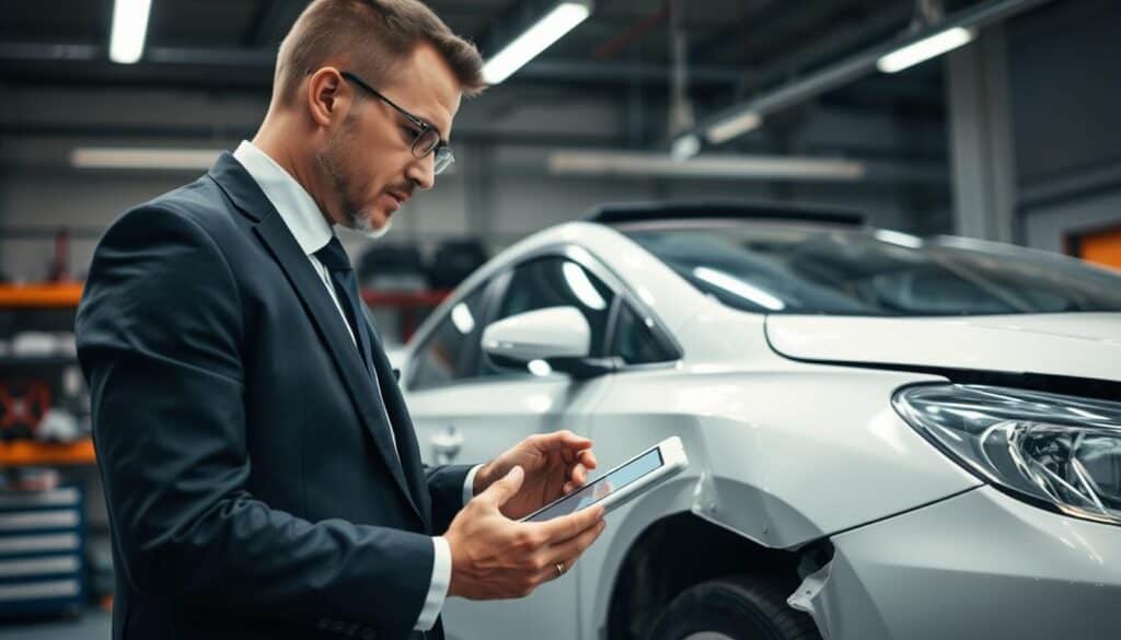 A professional automotive damage appraiser, dressed in a smart business suit, is closely examining a damaged vehicle in a well-lit garage. In the foreground, the appraiser is using a digital tablet to document details of the damages, showcasing their expertise and focus. The middle ground features the damaged vehicle, with noticeable scratches and dents, emphasizing the need for assessment. The background showcases tools and equipment typically found in an automotive repair shop, enhancing the professional atmosphere. The lighting is bright and clinical, highlighting the vehicle's features and the appraiser’s meticulous examination. The overall mood should convey professionalism and diligence, reflecting the essential role of appraisers in resolving disputes related to vehicle damage.
