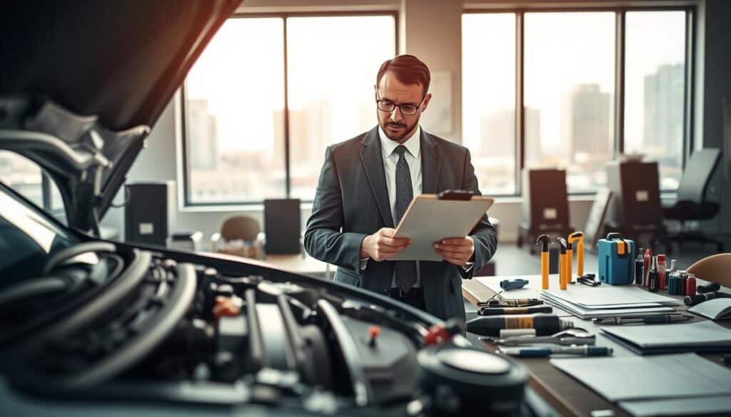 A professional automotive expert, dressed in a smart business suit, inspects a car in a well-lit office environment. In the foreground, he is examining a vehicle's engine with a clipboard, focused and attentive. In the middle ground, various automotive tools and documents are neatly organized on a desk, representing methodical analysis. The background features a large window with natural light streaming in, showcasing a cityscape, adding to the professionalism of the setting. The atmosphere is serious and meticulous, emphasizing the importance of accurate vehicle appraisals. Use a slight depth of field to keep the focus on the expert, with soft gradients of light to enhance the clarity and contrast, resembling an image captured with a 50mm lens at f/2.8, producing a clean and professional look.