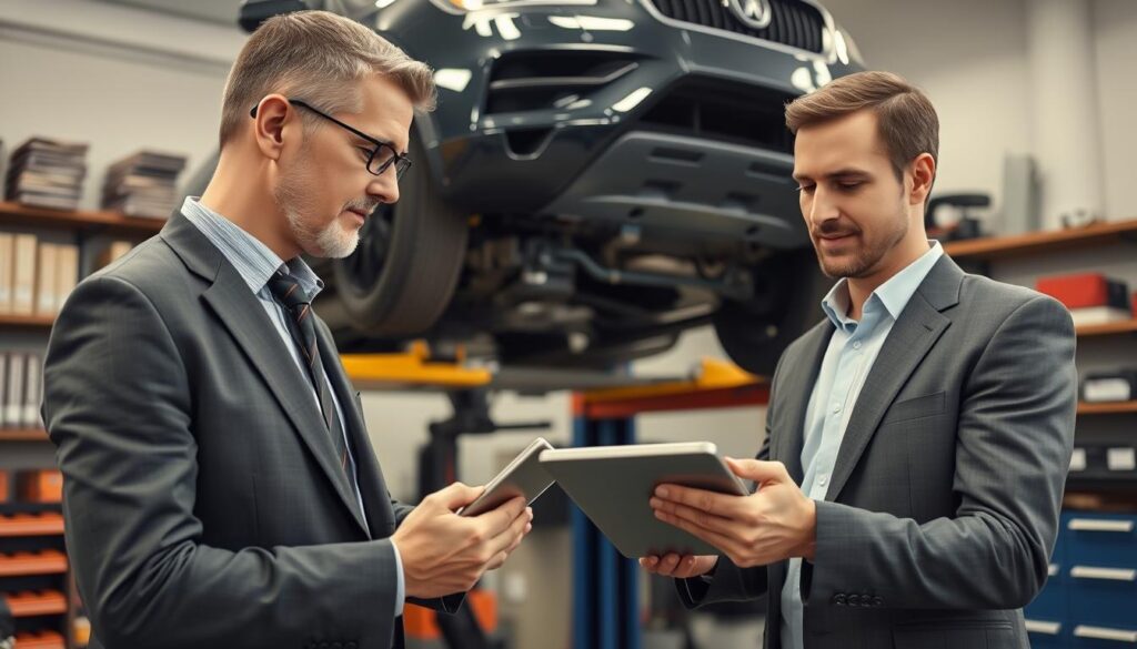 A professional automotive expert inspecting a car in a well-lit garage, surrounded by tools and diagnostic equipment. The foreground features the expert, a middle-aged Caucasian man in a sharp business suit, using a high-tech tablet to analyze vehicle data. In the middle, a sleek, modern car is raised on a lift, showcasing its undercarriage while the expert closely examines the vehicle. The background includes shelves filled with automotive manuals and additional tools, adding depth to the scene. Soft, natural lighting creates a warm atmosphere, highlighting the attention to detail and professionalism of the inspection process. The overall mood conveys trustworthiness and expertise in the automotive evaluation field.