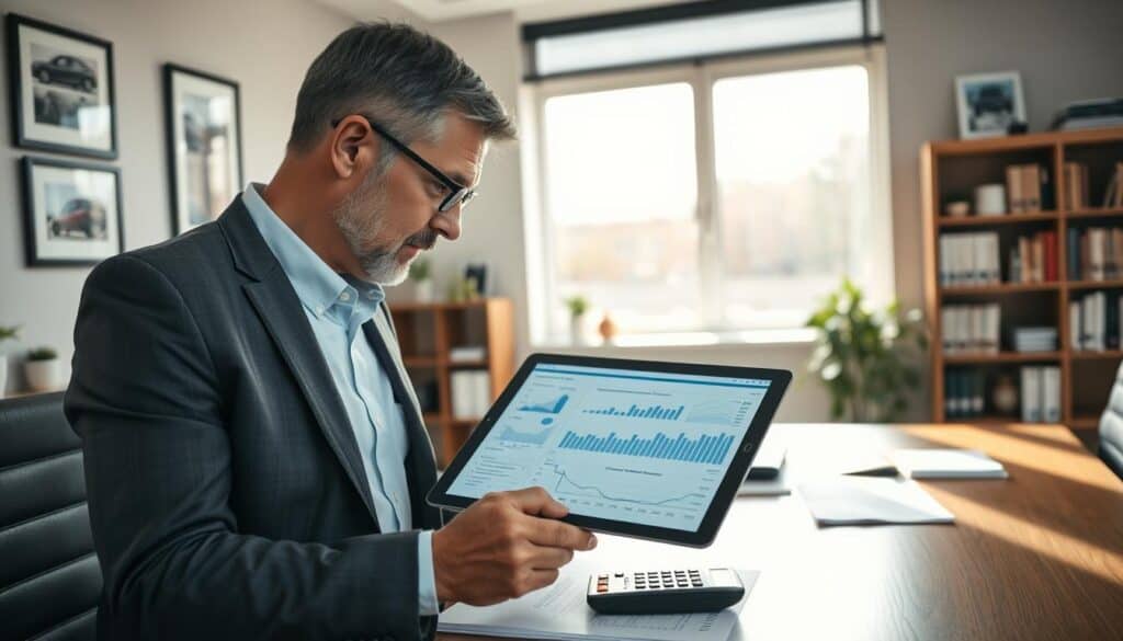 A professional insurance adjuster analyzing a vehicle damage assessment report in a modern office environment. In the foreground, a middle-aged man in a business suit intently examines a tablet displaying various graphs and calculations related to insurance claims. The middle layer showcases a large window with natural daylight streaming in, casting soft shadows across a sleek wooden desk cluttered with insurance documents and a calculator. The background features framed photographs of past vehicle inspections hanging on the walls, alongside a bookshelf filled with industry-related books. The overall mood is focused and analytical, emphasizing the meticulous nature of insurance evaluations. The scene should be captured with a shallow depth of field, highlighting the adjuster's concentration on the digital display while softening background details. A professional insurance adjuster analyzing a vehicle damage assessment report in a modern office environment. In the foreground, a middle-aged man in a business suit intently examines a tablet displaying various graphs and calculations related to insurance claims. The middle layer showcases a large window with natural daylight streaming in, casting soft shadows across a sleek wooden desk cluttered with insurance documents and a calculator. The background features framed photographs of past vehicle inspections hanging on the walls, alongside a bookshelf filled with industry-related books. The overall mood is focused and analytical, emphasizing the meticulous nature of insurance evaluations. The scene should be captured with a shallow depth of field, highlighting the adjuster's concentration on the digital display while softening background details.
