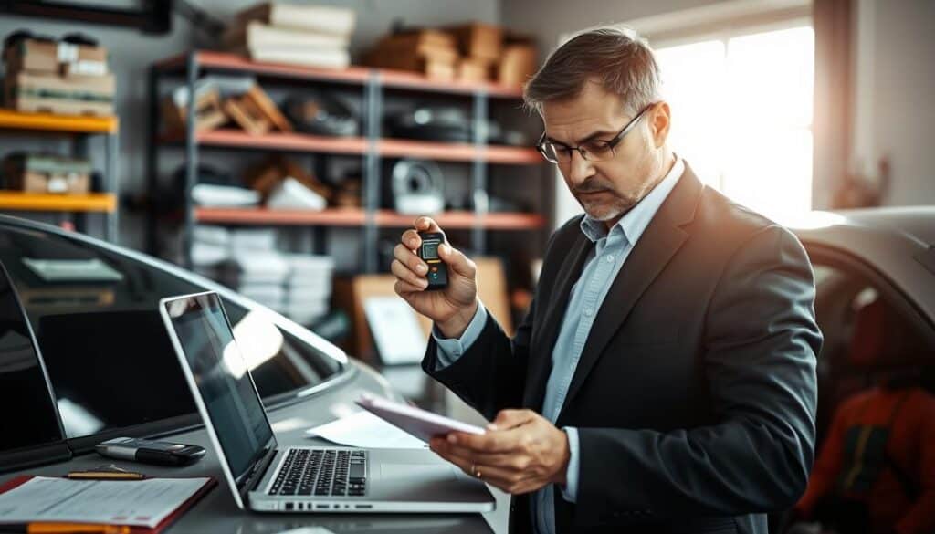 A professional insurance adjuster examining vehicle damage in a well-lit garage setting. In the foreground, the adjuster, wearing a smart business outfit, meticulously inspects a dented car door, utilizing a digital measuring tool. The middle ground features various tools and equipment typically used for damage assessment, such as a laptop displaying a digital report and a clipboard with notes. In the background, shelves filled with spare parts and repair documentation create a sense of realism. Soft, natural light filters in through a window, casting gentle shadows, while the atmosphere conveys diligence and expertise in assessing insurance claims. The composition is shot from a slightly elevated angle to capture all elements clearly, focusing on the adjuster’s concentrated expression.