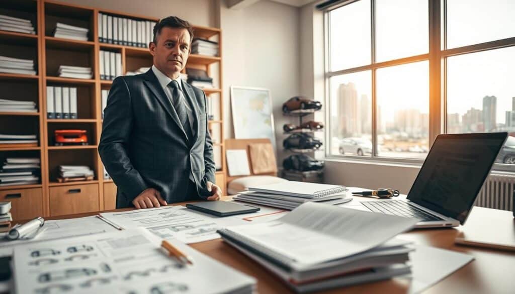A professional loss adjuster in a crisp suit stands attentively at a desk cluttered with various automobile insurance documents and a laptop displaying evaluation software. In the foreground, detailed paperwork includes diagrams of vehicle damage assessments and notes. The middle ground captures a well-lit office environment with shelves of reference books and a large window revealing a cityscape in soft daylight, creating a focused atmosphere. The background should hint at automotive-related visuals, such as car parts and inspection tools, subtly arranged. The lighting is bright yet warm, emphasizing a serious and professional mood. The adjuster has an engaged expression, symbolizing trust and expertise in the field of vehicle valuation.