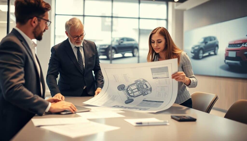 A professional meeting between a claims adjuster and a vehicle owner discussing vehicle damage assessment. In the foreground, a well-dressed male adjuster, with a laptop open, is examining detailed documents, highlighting a blueprint of the car's structure. Beside him, a casually dressed female vehicle owner looks attentive and engaged, pointing to the documents with curiosity. The middle ground displays a modern, well-lit office setting with large windows letting in natural light, and a sleek conference table adorned with paperwork and a notepad. In the background, soft images of car models can be seen on a wall display, creating an atmosphere of professionalism and focus. The lighting should be bright yet warm, conveying a sense of trust and clarity in this analytical environment.