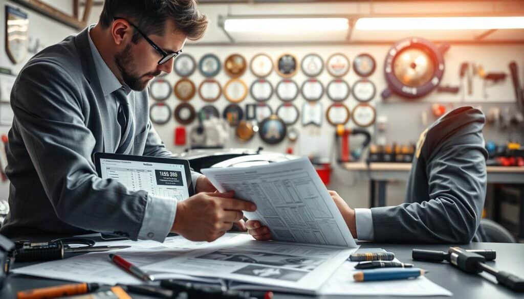 A professional motor expert in business attire is intensely analyzing a detailed vehicle damage report on a desk cluttered with automotive tools and equipment. In the foreground, the expert focuses on specific damage areas of a car with a high-tech tablet displaying calculations and diagrams. The middle layer features a close-up of the vehicle with visible damage, highlighting scratches and dents. In the background, a garage setting is illuminated with bright overhead lights, showcasing a wall of automotive certification plaques and a workbench with various tools. The atmosphere is serious yet hopeful, emphasizing the dedication to thorough damage assessment and fair valuation. The image captures a sense of professionalism and expertise in the automotive field.