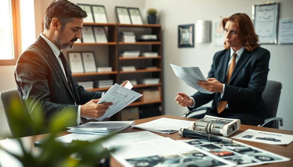 A professional office environment showcasing a meeting between an insurance adjuster and a vehicle repair expert. In the foreground, the adjuster, dressed in formal business attire, reviews a stack of claims paperwork with a concerned expression. The middle ground features a detailed table filled with car parts and accident images, illustrating the discrepancies in valuation. The background includes shelves with insurance policy documents and certificates, providing a corporate atmosphere. Soft, natural lighting filters through a window, casting a warm glow over the scene, while a slight focus blur enhances the main subjects. The overall mood conveys tension and concern over inaccurate insurance appraisals, highlighting the importance of reliable expertise in valuing claims.