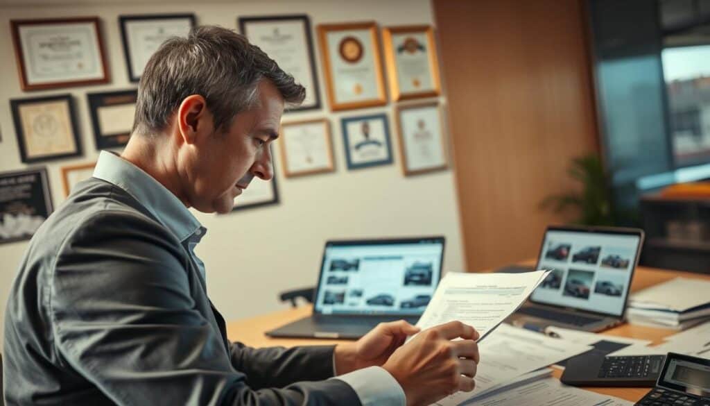 A professional office environment where a certified damage assessor examines vehicle damage paperwork. In the foreground, a focused individual in business attire, a middle-aged Caucasian man, meticulously reviews documents on a desk cluttered with photos of vehicle damages, a calculator, and a laptop displaying software for damage evaluation. The middle layer features a partially visible office wall adorned with certificates and awards, indicating expertise in valuation. The background shows a large window letting in natural light, contributing to an analytical atmosphere. Soft, warm lighting emphasizes the seriousness of the task while maintaining an approachable feel. The image conveys professionalism, precision, and the importance of thorough documentation in damage assessment.