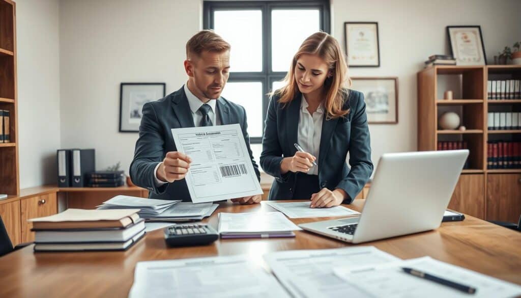 A professional office setting, featuring a well-dressed male and female insurance adjuster discussing a vehicle damage assessment report. The foreground highlights a large wooden table cluttered with documents, a calculator, and a laptop. In the middle, the adjusters are focused, one pointing to a detailed damage evaluation on the screen while the other takes notes, conveying a serious and analytical atmosphere. Behind them, a large window lets in natural light, illuminating the room with a warm glow, creating a contrast with the cool tones of the office decor. The background features shelves with legal books and framed certificates, enhancing the credibility of the scene. The overall mood is focused and professional, underscoring the theme of dispute resolution in insurance assessments.