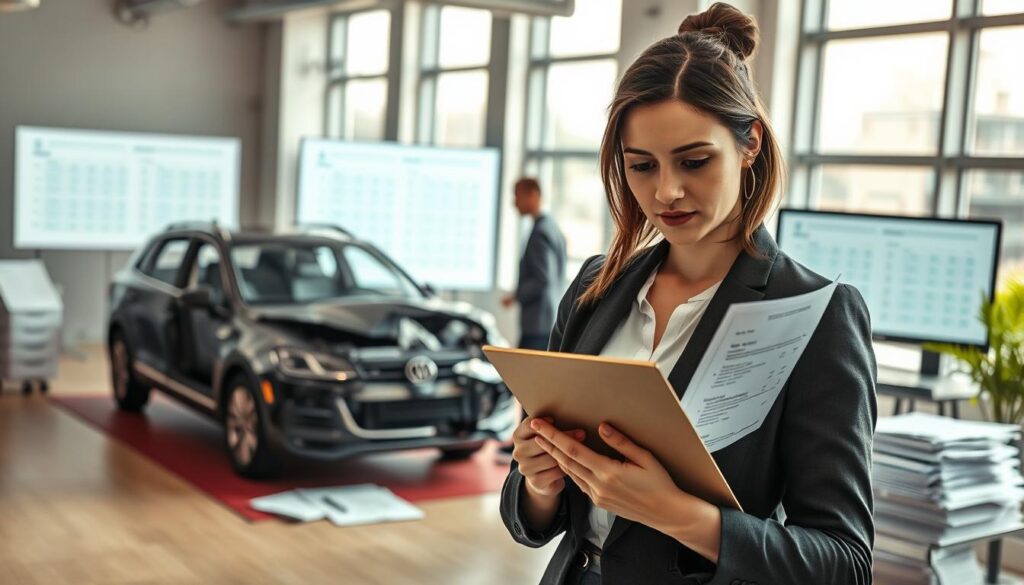 A professional office setting with a focus on damage assessment. In the foreground, a detailed close-up of a woman in business attire examining a damaged vehicle with a clipboard in hand, showcasing concern and concentration. The middle ground features a partially repaired car with visible damage, highlighting contrasting estimates for repairs. The background includes a large window with natural light pouring in, illuminating a stack of paperwork and a computer screen displaying different valuation reports. The atmosphere conveys seriousness and professionalism, emphasizing the importance of accurate damage assessment and the discrepancies in evaluations. The image is captured with a soft-focus lens to draw attention to the foreground, creating a clear depth of field.