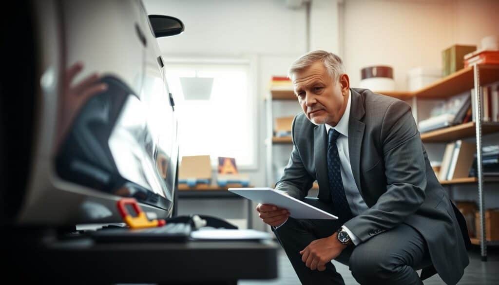A professional property appraiser assessing a vehicle in a well-lit garage setting. The foreground features the appraiser, a middle-aged man in a smart, tailored suit, crouching beside a car with a clipboard in hand. He is examining the vehicle closely, highlighting his expertise. In the middle ground, tools of the trade—like measuring devices and a laptop—are arranged neatly on a workbench. The background shows shelving with automotive books and resources, adding depth to the professional atmosphere. Soft, natural lighting pours in from a window, casting gentle shadows and enriching the colors. The overall mood is focused and diligent, reflecting the importance of accurate appraisal in insurance evaluations.