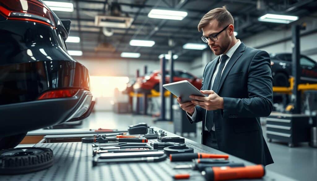 A professional scene depicting a detailed technical damage analysis in an automotive setting. In the foreground, a confident automotive expert in business attire inspects a car's damaged rear bumper, using a tablet to document findings. The middle ground features a well-organized workbench with various tools and equipment, demonstrating meticulous precision. In the background, a workshop illuminated by bright overhead lights, emphasizing a clean environment with car lifts and industry-standard diagnostic machines. The atmosphere is focused and analytical, capturing the essence of expertise in automotive damage evaluation, while conveying trust and professionalism. Use a wide-angle lens to create depth and highlight the detailed mechanics of the workspace.