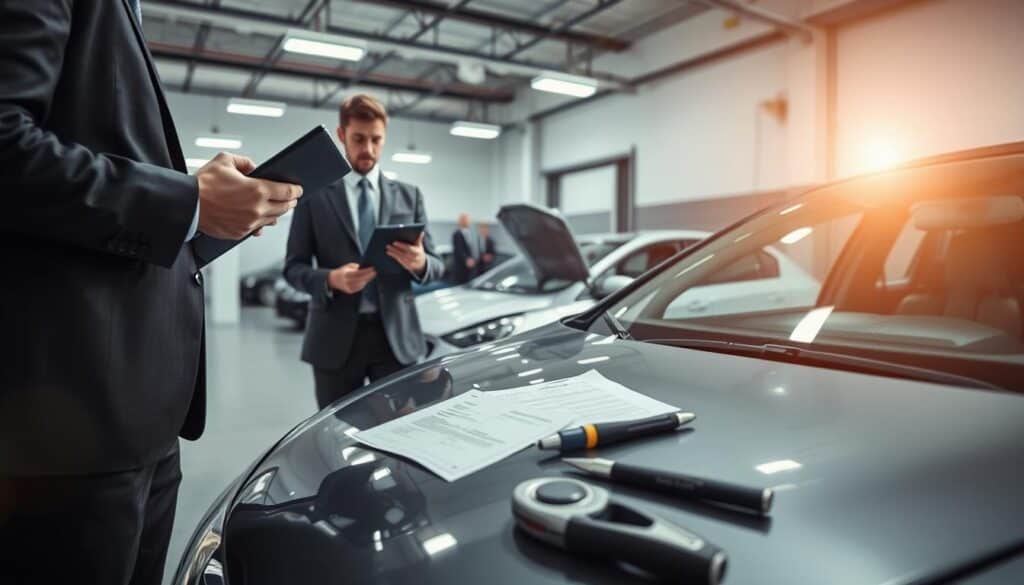 A professional setting depicting a car damage assessment scene. In the foreground, a business professional in a smart suit is examining an automobile, using a tablet to document damages. In the middle ground, a damaged car with visible scratches and dents is parked, with repair tools and assessment documents spread on the hood. In the background, a garage with bright overhead lights highlights the environment, emphasizing a serious atmosphere. The angle is slightly low to capture both the car and the assessor prominently. Soft, natural lighting creates a clear view, suggesting a sense of diligence and thoroughness in evaluating vehicle damage. There are no people in casual attire or any distracting elements. A professional setting depicting a car damage assessment scene. In the foreground, a business professional in a smart suit is examining an automobile, using a tablet to document damages. In the middle ground, a damaged car with visible scratches and dents is parked, with repair tools and assessment documents spread on the hood. In the background, a garage with bright overhead lights highlights the environment, emphasizing a serious atmosphere. The angle is slightly low to capture both the car and the assessor prominently. Soft, natural lighting creates a clear view, suggesting a sense of diligence and thoroughness in evaluating vehicle damage. There are no people in casual attire or any distracting elements.