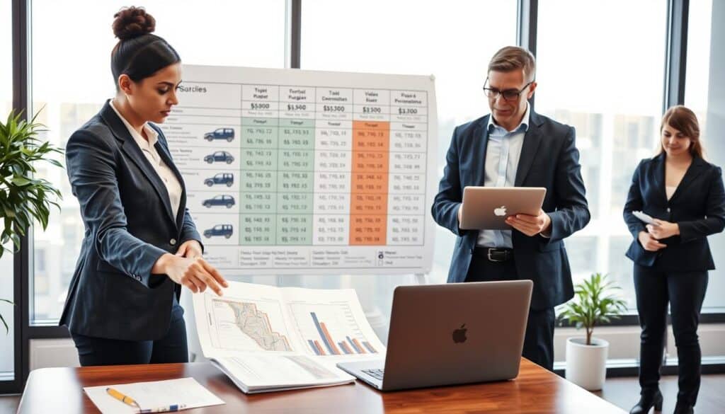 A professional setting featuring a group of four diverse individuals, two men and two women, engaged in a discussion about insurance damage assessment. In the foreground, a woman in a smart business suit points at a document on a table, illustrating detailed damage reports. Another man, dressed in a formal shirt and trousers, is analyzing data on a laptop. The middle ground has a large, visually striking chart on the wall displaying various types of vehicle damage and corresponding repair costs. The background consists of a modern office environment with large windows letting in soft, natural light, highlighting the serious yet collaborative mood of the scene. The overall atmosphere is one of professionalism, clarity, and analytical intent.