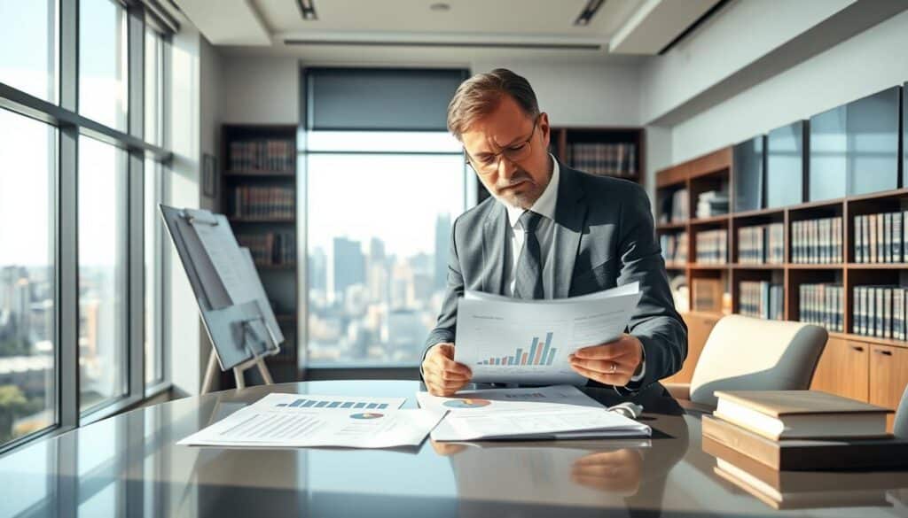 A professional setting showcasing an independent expert analyzing insurance valuation. In the foreground, a focused business professional in a suit, examining detailed documents on a sleek desk, surrounded by charts and graphs. In the middle ground, a large window allows natural light to illuminate the office, with a scenic view of a city skyline. The background features bookshelves filled with legal and financial texts, emphasizing expertise. The atmosphere is serious yet optimistic, suggesting the importance of thorough analysis in obtaining fair insurance evaluations. Soft shadows are cast from overhead lighting, creating a warm and inviting environment. The composition should be clear and detailed, evoking a sense of trust and professionalism in the expert's work.