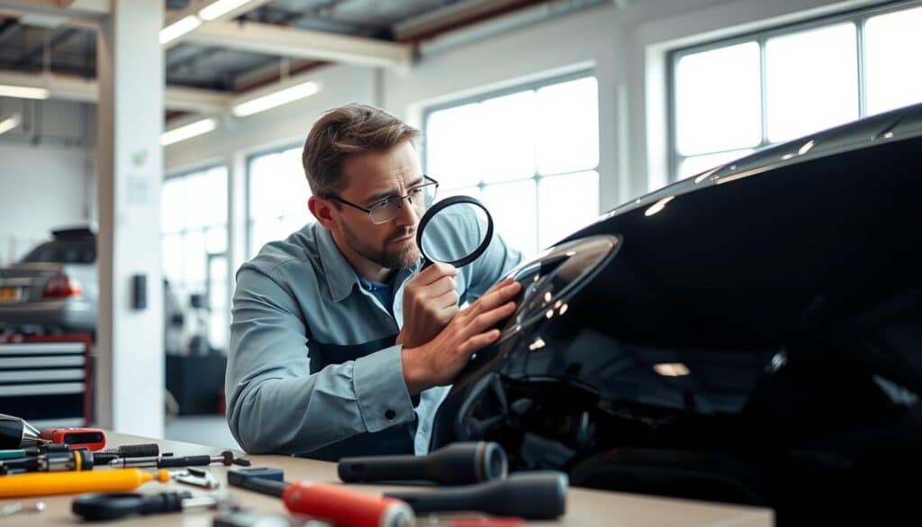 A professional technician meticulously analyzing a damaged car in a bright, well-lit workshop. In the foreground, focus on the technician, wearing a clean business outfit, examining the vehicle’s dented exterior with a magnifying glass. The middle ground showcases various tools and equipment laid out neatly on a workbench, emphasizing an organized workspace. The background features a large window allowing natural light to flood the scene, illuminating the details of the car’s damage and the technician's focused expression. The atmosphere is one of concentration and precision, highlighting the importance of a thorough technical analysis in professional automotive assessment. The image should convey a sense of expertise and diligence in the field of damage evaluation.