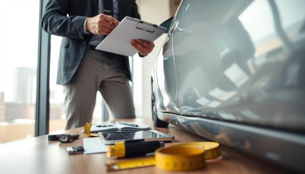 A realistic and detailed scene depicting a professional insurance adjuster analyzing car damage in a well-lit office environment. In the foreground, the adjuster, dressed in smart business attire, inspects a damaged vehicle with a clipboard in hand, focusing on dents and scratches. The middle layer shows various tools used for damage evaluation scattered on a desk, including a measuring tape and a laptop displaying repair costs. In the background, a large window lets in natural light, illuminating the workspace, with a cityscape view. The mood is serious yet professional, highlighting the importance of accurate damage assessment. The angle is slightly low, emphasizing the adjuster's concentration and the significance of the assessment process.