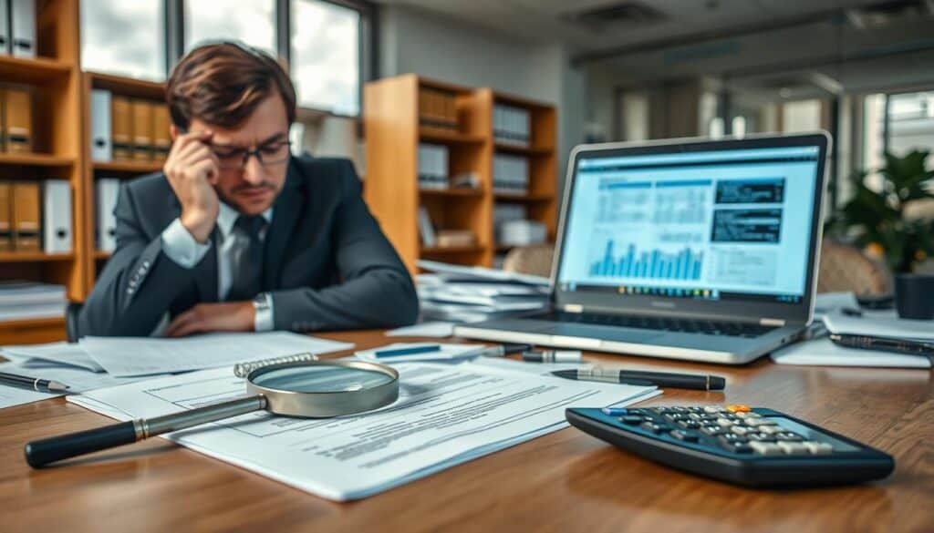 An office setting with a focus on an insurance claim document on a desk, surrounded by a magnifying glass and a calculator. In the foreground, a person in professional business attire examines the document with a concerned expression, highlighting the scrutiny of potential errors by the insurer. In the middle, scattered papers and a laptop displaying data create an organized chaos, symbolizing common mistakes in claims processing. The background shows a well-lit office with shelves of insurance books and a window revealing a cloudy sky, adding a serious atmosphere. The mood conveys a sense of urgency and diligence in addressing the issues of claims errors, with soft, natural lighting emphasizing the professionalism of the scene.