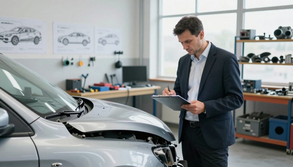 A Polish technical expert, dressed in professional business attire, is analyzing automobile damage in a workshop. In the foreground, a detailed view of an accident-damaged vehicle is visible, showcasing dented panels and broken glass. The expert, a middle-aged man with short dark hair, is focused on taking notes and examining the car with a clipboard in hand. In the middle ground, various tools and equipment are neatly arranged, along with technical diagrams on the walls illustrating automotive repairs. The background features shelves filled with automotive parts and a large window letting natural light stream in, creating a bright, well-lit atmosphere. The mood is professional and analytical, reflecting a serious approach to automotive technical assessments.