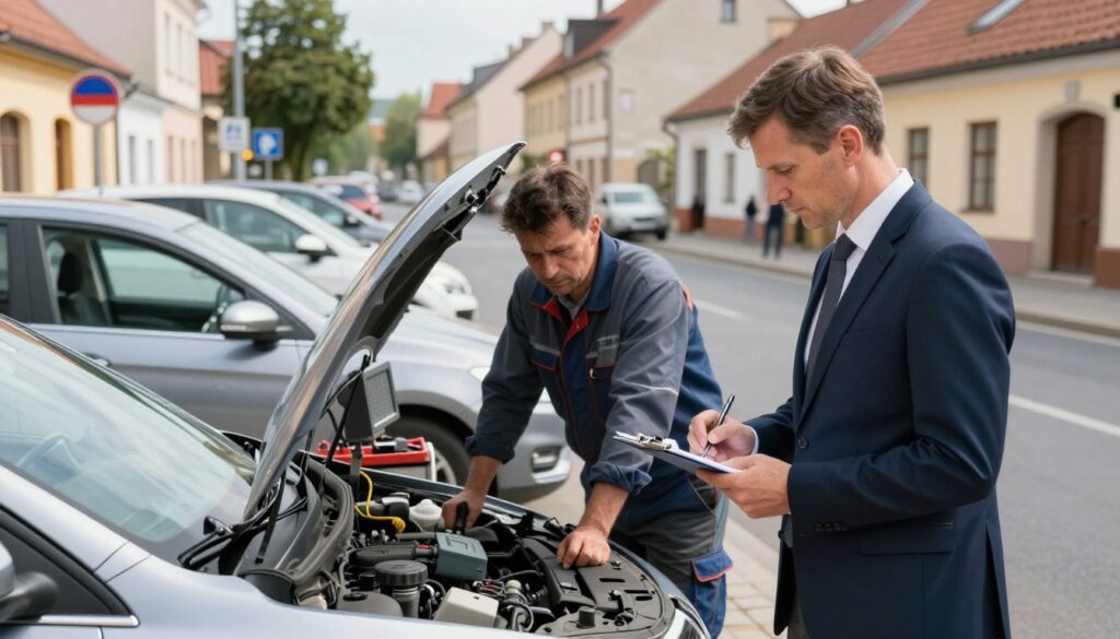A busy scene depicting German drivers navigating daily challenges in Poland, highlighted by a German car being evaluated for its technical inspection. In the foreground, a middle-aged man in a professional business attire inspects the vehicle, taking notes on a clipboard. The middle ground features a Polish mechanic examining the car's engine, surrounded by tools and diagnostic equipment. The background shows a bustling Polish street with traditional architecture and road signs. The lighting is bright and natural, simulating a clear day with soft shadows. The atmosphere is focused and industrious, reflecting the theme of vehicle assessment and road safety for German drivers in Poland.