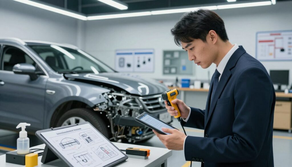 A detailed scene showcasing a car accident damage assessment in a modern workshop environment. In the foreground, a professional expert in business attire analyzes the damage on a vehicle with high-tech tools like a scanner and a tablet, focused on loss minimization through preventive measures. The middle layer features a clear view of the damaged car, emphasizing specific areas that require inspection, surrounded by relevant equipment and diagrams illustrating repair techniques. In the background, bright overhead lighting illuminates the clean and organized workspace, while technical charts and safety guidelines are subtly visible on the walls. The atmosphere is serious yet supportive, reflecting a commitment to safety and thorough evaluation. The camera angle captures the expert's meticulous attention to detail, emphasizing professionalism and expertise.