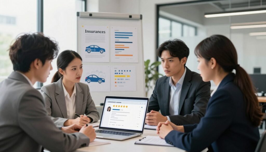 A detailed scene showcasing a professional environment related to customer reviews and feedback about insurance services. In the foreground, a diverse group of three people, a man and two women in smart business attire, engaged in a discussion around a laptop displaying an interface for customer reviews. In the middle ground, a whiteboard with charts and positive ratings illustrated visually, as well as abstract representations of car insurance documents. The background features modern office elements, such as a large window letting in natural light, creating a bright and encouraging atmosphere. The lighting is warm and inviting, emphasizing a collaborative and professional mood. Use a wide-angle lens to capture the depth of the scene, highlighting the engagement of the individuals while maintaining a focus on the feedback imagery.